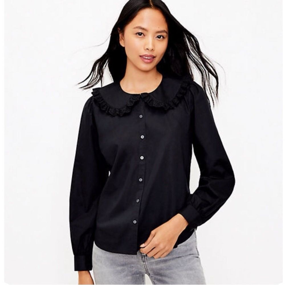 LOFT Black Ruffle Collar Blouse
